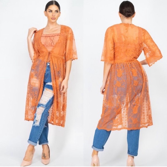 Sweaters - Rust lace embroidered detail cardigan